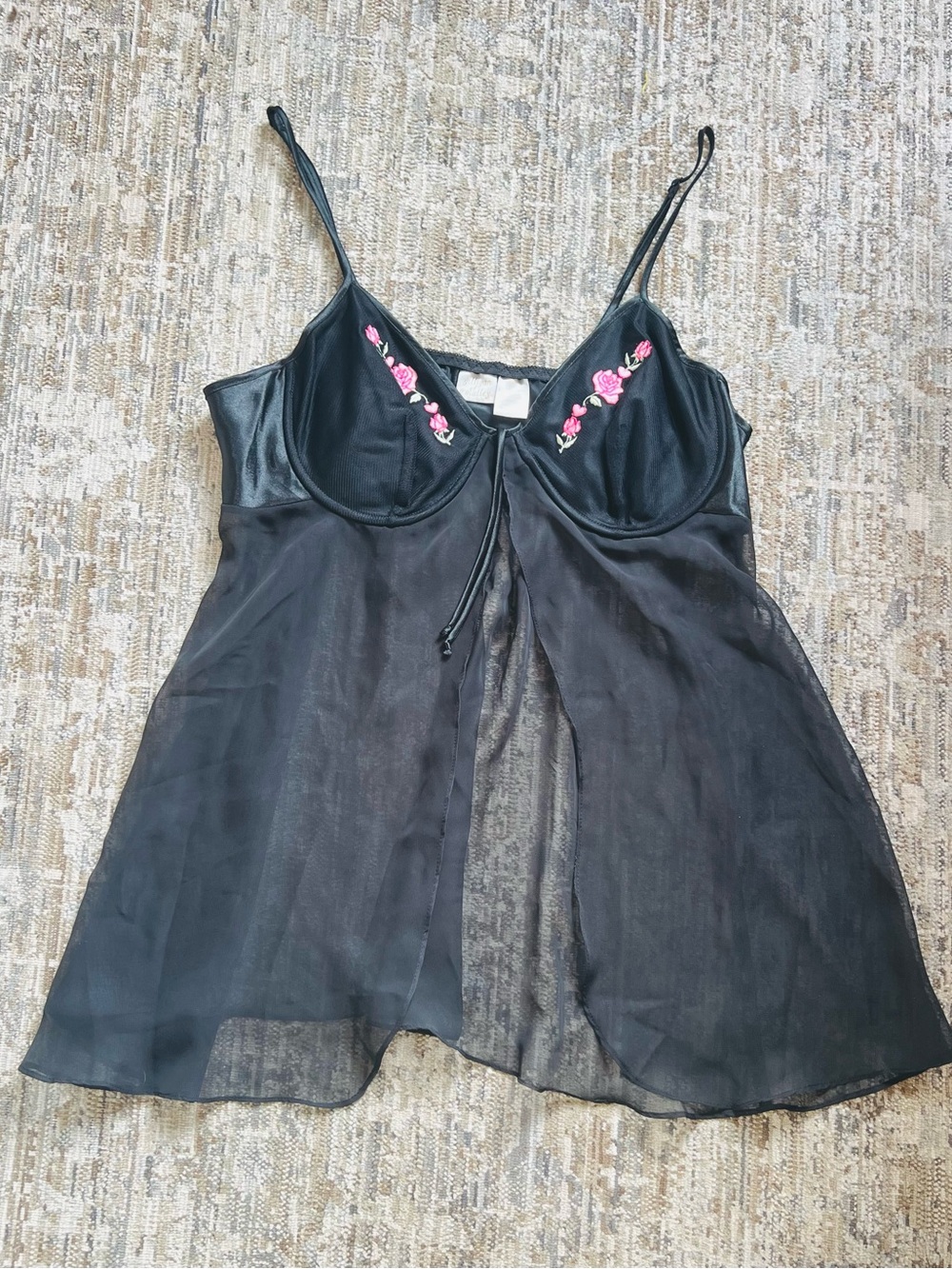 Gilligan & O’Malley Sheer Black Babydoll Lingerie with Pink Floral Embroidery